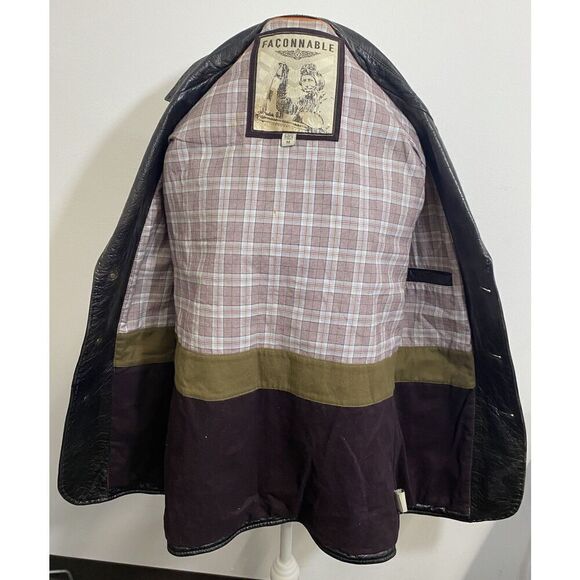 Vintage Mens Faconnable Soft Leather Flight Jacket Coat Black Medium Stitching - Picture 12 of 16